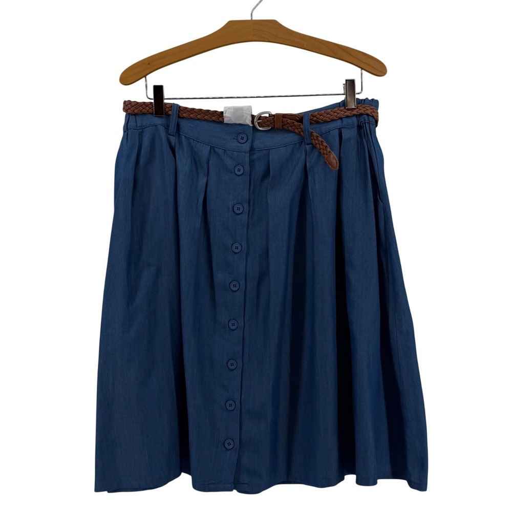 ModCloth Lyocell Chambray Midi Skirt Women XL Blue Button Front Belted MSW1791